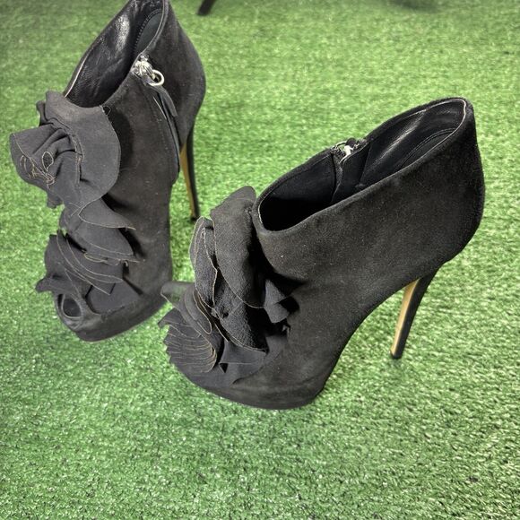 Giuseppe Zanotti Black Suede Frill Peep Toe Ankle Boots High Heels Size 37 US 7 - Picture 3 of 8